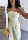 Kadın Asimetrik Straplez Bluz Ve Pantolon Keten Takım