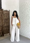 Kadın Askılı Bluz Ve Geniş Paça Pantolon Kırışık Takım