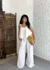 Kadın Askılı Bluz Ve Geniş Paça Pantolon Kırışık Takım
