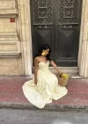 Kadın Askılı Kalp Yaka Tasarım Poplin Midi Elbise