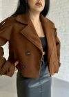 Kadın Astarlı Kolları Kemerli Kısa Kaşe Kaban
