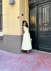 Kadın Boyundan Bağlamalı Kabarık Poplin Midi Elbise