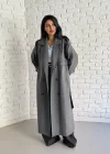 Kadın Çizgili Oversize Kalıp Uzun Trençkot