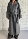 Kadın Çizgili Oversize Kalıp Uzun Trençkot