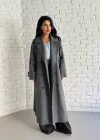 Kadın Çizgili Oversize Kalıp Uzun Trençkot