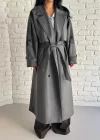 Kadın Çizgili Oversize Kalıp Uzun Trençkot