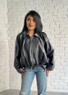 Kadın Deri Kemerli Deri Oversize Bomber Ceket
