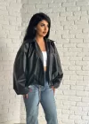 Kadın Deri Kemerli Deri Oversize Bomber Ceket