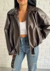 Kadın Deri Kemerli Deri Oversize Bomber Ceket