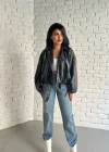 Kadın Deri Kemerli Deri Oversize Bomber Ceket