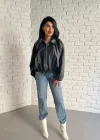 Kadın Deri Kemerli Deri Oversize Bomber Ceket