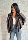 Kadın Deri Kemerli Deri Oversize Bomber Ceket