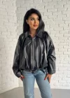 Kadın Deri Kemerli Deri Oversize Bomber Ceket