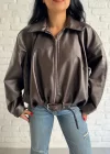 Kadın Deri Kemerli Deri Oversize Bomber Ceket