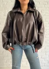 Kadın Deri Kemerli Deri Oversize Bomber Ceket