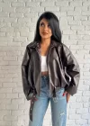 Kadın Deri Kemerli Deri Oversize Bomber Ceket