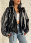 Kadın Deri Kemerli Deri Oversize Bomber Ceket