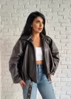 Kadın Deri Kemerli Deri Oversize Bomber Ceket