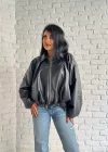Kadın Deri Kemerli Deri Oversize Bomber Ceket