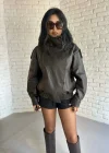 Kadın Dik Yaka Bomber Deri Ceket