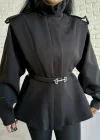 Kadın Dik Yaka Vatkalı Siyah Kemerli Ceket