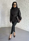 Kadın Dik Yaka Vatkalı Siyah Kemerli Ceket