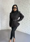 Kadın Dik Yaka Vatkalı Siyah Kemerli Ceket