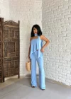 Kadın Fularlı İkili Straplez Bluz Ve Pantolon Takım