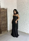 Kadın Fularlı Straplez Tül Uzun Tasarım Elbise