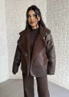 Kadın İçi Peluşlu Oversize Deri Mont