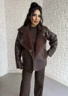 Kadın İçi Peluşlu Oversize Deri Mont