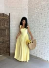 Kadın Kare Yaka Askılı Uzun Elbise