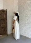 Kadın Balon Kol Bel Dekolteli Fisto Uzun Elbise