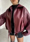 Kadın Kemerli Bomber Deri Ceket