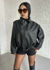 Kadın Kemerli Bomber Deri Ceket
