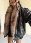 Kadın Kürk Yaka Beli Lastikli Deri Ceket