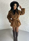 Kadın Kuşaklı Oversize Kısa Kaşe Kaban