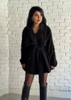 Kadın Kuşaklı Oversize Kısa Kaşe Kaban