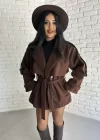 Kadın Kuşaklı Oversize Kısa Kaşe Kaban