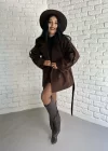 Kadın Kuşaklı Oversize Kısa Kaşe Kaban