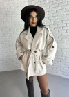 Kadın Kuşaklı Oversize Kısa Kaşe Kaban