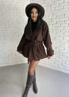 Kadın Kuşaklı Oversize Kısa Kaşe Kaban
