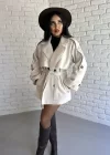 Kadın Kuşaklı Oversize Kısa Kaşe Kaban
