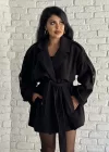 Kadın Kuşaklı Oversize Kısa Kaşe Kaban