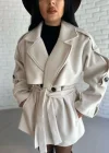 Kadın Kuşaklı Oversize Kısa Kaşe Kaban