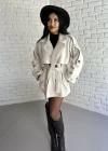 Kadın Kuşaklı Oversize Kısa Kaşe Kaban