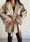 Kadın Kuşaklı Oversize Kısa Kaşe Kaban