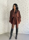 Kadın Kuşaklı Oversize Kısa Kaşe Kaban