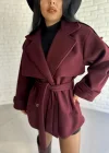 Kadın Kuşaklı Oversize Kısa Kaşe Kaban