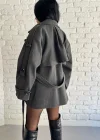 Kadın Kuşaklı Oversize Kısa Kaşe Kaban